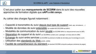 SCORM & xAPI : une histoire d’évolution
C’est pour palier aux manquements de SCORM dans le suivi des nouvelles
approches de formation digitale que xAPI a été conçu.
Au cahier des charges figurait notamment :
- Capacité à transmettre du suivi depuis tout type de support (web, app, simulateurs, ...)
- Modèle de données de suivi extensible (le modèle AICC/SCORM est défini)
- Modalités de communication du suivi souple (le SCORM définit un séquencement avec le LMS)
- Séparation du support et du suivi (en SCORM le contenu est « packagé » et inclus dans le LMS)
- Echange du suivi entre services (le SCORM ne précise le modèle de données pour le stockage du suivi)
- Utilisation des standards du Web (AJAX, JSON)
- Facilité de compréhension du standard (le standard SCORM comporte quelques centaines de pages)
 