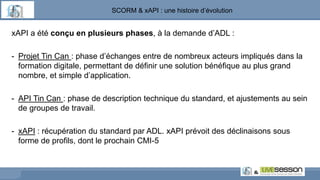 SCORM & xAPI : une histoire d’évolution
xAPI a été conçu en plusieurs phases, à la demande d’ADL :
- Projet Tin Can : phase d’échanges entre de nombreux acteurs impliqués dans la
formation digitale, permettant de définir une solution bénéfique au plus grand
nombre, et simple d’application.
- API Tin Can : phase de description technique du standard, et ajustements au sein
de groupes de travail.
- xAPI : récupération du standard par ADL. xAPI prévoit des déclinaisons sous
forme de profils, dont le prochain CMI-5
 