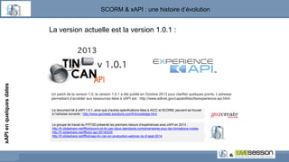 La version actuelle est la version 1.0.1 :
Un patch de la version 1.0, la version 1.0.1 a été publié en Octobre 2013 pour clarifier quelques points. L’adresse
permettant d’accéder aux ressources liées à xAPI est : http://www.adlnet.gov/capabilities/tla/experience-api.html
Le groupe de travail du FFFOD présente les premiers retours d’expériences avec xAPI en 2013 :
http://fr.slideshare.net/fffod/scorm-et-tin-can-deux-standards-complmentaires-pour-les-formations-mixtes
http://fr.slideshare.net/fffod/x-api-20140225
http://fr.slideshare.net/fffod/xapi-tin-can-en-production-webinar-du-9-sept-2014
Le document lié à xAPI 1.0.1, ainsi que d’autres spécifications liées à AICC et SCORM, peuvent se trouver
à l’adresse suivante : http://www.gocreate-solutions.com/fr/knowledge.html
SCORM & xAPI : une histoire d’évolution
xAPIenquelquesdates
 
