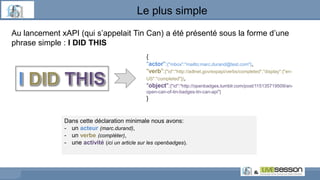 Au lancement xAPI (qui s’appelait Tin Can) a été présenté sous la forme d’une
phrase simple : I DID THIS
Le plus simple
{
"actor":{"mbox":"mailto:marc.durand@test.com"},
"verb":{"id":"http://adlnet.gov/expapi/verbs/completed","display":{"en-
US":"completed"}},
"object":{"id":"http://openbadges.tumblr.com/post/115135719509/an-
open-can-of-tin-badges-tin-can-api"}
}
Dans cette déclaration minimale nous avons:
- un acteur (marc.durand),
- un verbe (compléter),
- une activité (ici un article sur les openbadges).
 