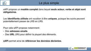 xAPI propose un modèle complet dans lequel seuls acteur, verbe et objet sont
obligatoires.
Les identifiants utilisés ont vocation à être uniques, puisque les suivis peuvent
potentiellement passer de LRS en LRS.
Pour cela xAPI propose notamment:
- Des adresses emails
- Des URL (IRI) pour définir la plupart des éléments.
xAPI permet ainsi de référencer les données déclarées.
Le plus simple
 