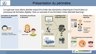 Le sujet que nous allons aborder aujourd’hui traite des standards e-learning et s’inscrit dans un
processus de formation digitale. Voici un exemple d’une formation mixte (blended learning) :
Présentation du périmètre
Web content
Classes virtuelles
Formation présentielle
Tutorat par
le formateur
En présentiel
En distanciel
(classe
virtuelle par
exemple)
Apprenants
Inscription / Accès libre
Convocation / Communication
LMS
inscription au dispositif /
Communication
Population touchée par
le dispositif
Logistique d’un
dispositif mixte
Tutorat, suivi,
reporting
Suivi et Reporting par les responsables
formation
SIRH
 