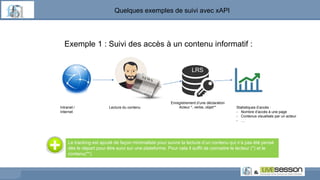Quelques exemples de suivi avec xAPI
Exemple 1 : Suivi des accès à un contenu informatif :
LRS
Intranet /
Internet
Lecture du contenu
Enregistrement d’une déclaration
Acteur *, verbe, objet** Statistiques d’accès :
- Nombre d’accès à une page
- Contenus visualisés par un acteur
- …
Le tracking est ajouté de façon minimaliste pour suivre la lecture d’un contenu qui n’a pas été pensé
dès le départ pour être suivi sur une plateforme. Pour cela il suffit de connaitre le lecteur (*) et le
contenu(**)
 