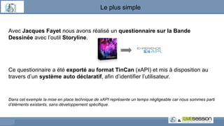 Le plus simple
Avec Jacques Fayet nous avons réalisé un questionnaire sur la Bande
Dessinée avec l’outil Storyline.
Ce questionnaire a été exporté au format TinCan (xAPI) et mis à disposition au
travers d’un système auto déclaratif, afin d’identifier l’utilisateur.
Dans cet exemple la mise en place technique de xAPI représente un temps négligeable car nous sommes parti
d’éléments existants, sans développement spécifique.
 
