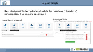 Le plus simple
Il est ainsi possible d’exporter les résultats des questions (interactions)
correspondant à un contenu spécifique :
Interactions -> answered Grouping -> Tintin
Id : http://www.gaia-consultants.com/xapicref/fffod/xapi/grpstds/BD/20150915/tintin
 