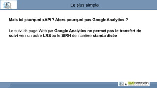 Le plus simple
Mais ici pourquoi xAPI ? Alors pourquoi pas Google Analytics ?
Le suivi de page Web par Google Analytics ne permet pas le transfert de
suivi vers un autre LRS ou le SIRH de manière standardisée
 