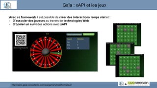 http://aero.gaia-consultants.com/wa/game/wheel/formateur/
Avec ce framework il est possible de créer des interactions temps réel et :
- D’associer des joueurs au travers de technologies Web
- D’opérer un suivi des actions avec xAPI
Gaïa : xAPI et les jeux
 