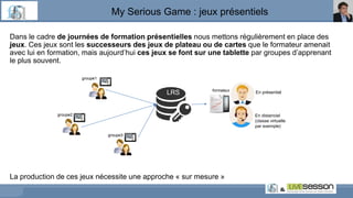 My Serious Game : jeux présentiels
Dans le cadre de journées de formation présentielles nous mettons régulièrement en place des
jeux. Ces jeux sont les successeurs des jeux de plateau ou de cartes que le formateur amenait
avec lui en formation, mais aujourd’hui ces jeux se font sur une tablette par groupes d’apprenant
le plus souvent.
La production de ces jeux nécessite une approche « sur mesure »
groupe1
groupe2
groupe3
LRS formateur En présentiel
En distanciel
(classe virtuelle
par exemple)
 
