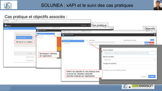 Objectifs
Cas pratique
SOLUNEA : xAPI et le suivi des cas pratiques
Cas pratique et objectifs associés :
Démarrer la création
Renseigner l’adresse
de l’application
Définir les objectifs du cas pratique avec
la donné de validation associée
(donnée indiquée par l’application)
 