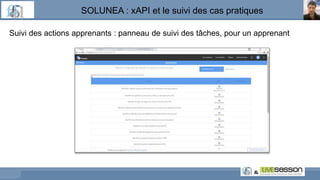 SOLUNEA : xAPI et le suivi des cas pratiques
Suivi des actions apprenants : panneau de suivi des tâches, pour un apprenant
 