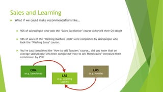 Sales and Learning
 What if we could make recommendations like…
 90% of salespeople who took the ‘Sales Excellence’ course achieved their Q1 target
 98% of sales of the ‘Washing Machine 3000’ were completed by salespeople who
took the ‘Washing Sales’ course.
 You’ve just completed the ‘How to sell Toasters’ course… did you know that on
average salespeople who then completed ‘How to sell Microwaves’ increased their
commission by 45%?
CRM
(e.g. Salesforce)
LRS
(e.g. Learning
Locker)
LMS
(e.g. Moodle)
 