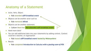 Anatomy of a Statement
 Actor, Verb, Object
 Rob attended xAPI breakfast event
 Objects can be another actor such as
 Rob mentored Alfred
 Objects can be another statement
 Callum liked that Rob attended xAPI breakfast event
 Need more data?
 You can add additional data into your statements by adding context. Context
could be a teacher, or organization
 Rob hosted xAPI breakfast event hosted by Webanywhere
 Results
 Rob completed Introduction to Calculus with a passing score of 95%
 