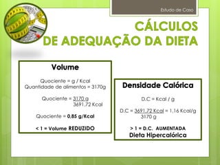 Estudo de Caso
Quociente = g / Kcal
Quantidade de alimentos = 3170g
Quociente = 3170 g
3691,72 Kcal
Quociente = 0,85 g/Kcal
< 1 = Volume REDUZIDO
D.C = Kcal / g
D.C = 3691,72 Kcal = 1,16 Kcal/g
3170 g
> 1 = D.C. AUMENTADA
Dieta Hipercalórica
 