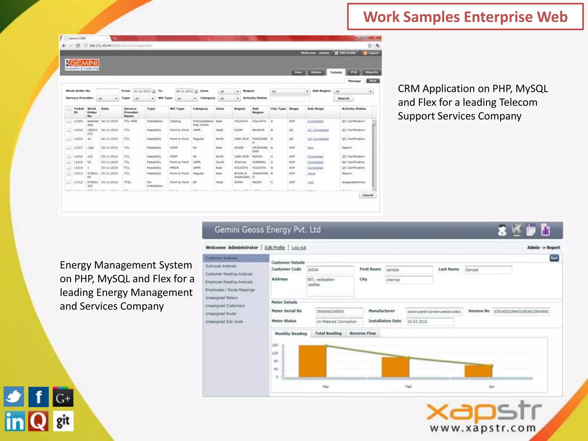Work Samples Enterprise Web



                                   CRM Application on PHP, MySQL
                                   and Flex for a leading Telecom
                                   Support Services Company




Energy Management System
on PHP, MySQL and Flex for a
leading Energy Management
and Services Company
 