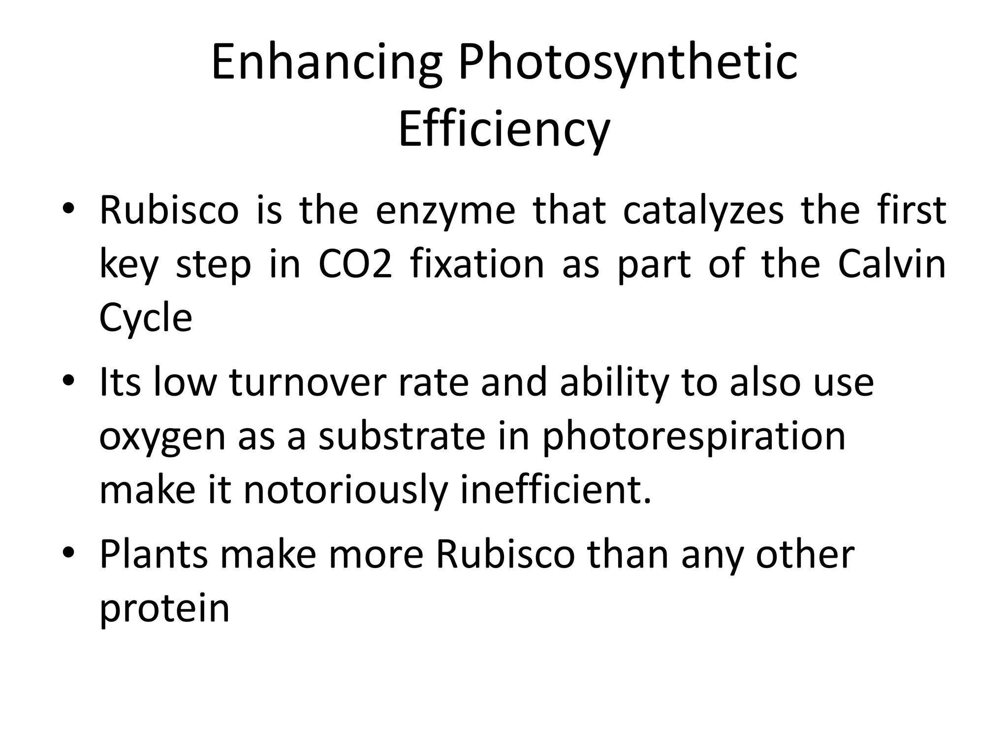 Enhancing Photosynthetic
Efficiency
• Rubisco is the enzyme that catalyzes the first
key step in CO2 fixation as part of the Calvin
Cycle
• Its low turnover rate and ability to also use
oxygen as a substrate in photorespiration
make it notoriously inefficient.
• Plants make more Rubisco than any other
protein
 