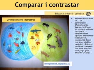 Comparar i contrastar
Educació infantil i primària
●

Animals marins i terrestres

●

tamingthegoblin.blogspot.co.uk/

Semblances i dif entre
un... i un.....
Semblances i
diferències entre
diversos fenòmens
(ex: migració, pobresa,
colonització...),
sistemes socials
(èpoques o territoris) o
físics (Univers,
ecosistemes, éssers
vius, smes elèctrics,
mecànics) . Què és el
que fa que una època
o un espai (natural o
social) sigui igual/
diferent d´un altre?

 