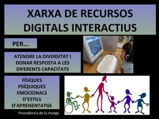XARXA DE RECURSOS DIGITALS INTERACTIUS PER... ATENDRE LA DIVERSITAT I DONAR RESPOSTA A LES DIFERENTS CAPACITATS Procedència de la imatge FÍSIQUES PSÍQUIQUES EMOCIONALS D’ESTILS D’APRENENTATGE 