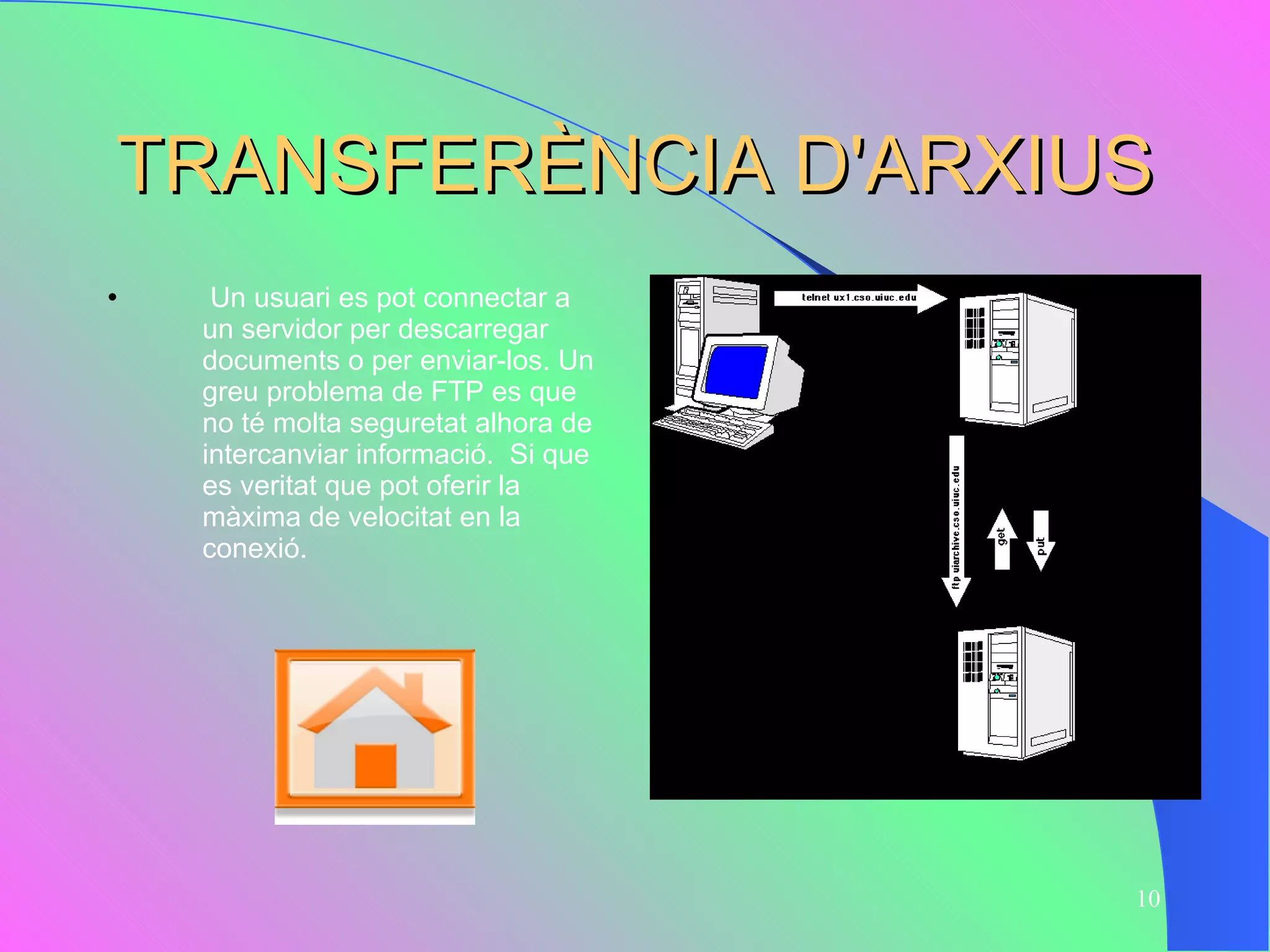 TRANSFERÈNCIA D'ARXIUS Un usuari es pot connectar a un servidor per descarregar documents o per enviar-los. Un greu problema de FTP es que no té molta seguretat alhora de intercanviar informació.  Si que es veritat que pot oferir la màxima de velocitat en la conexió. 