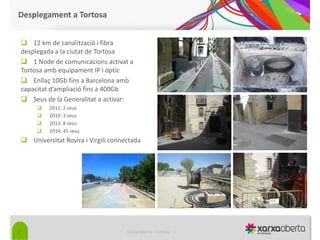 Desplegament a Tortosa


     12 km de canalització i fibra
    desplegada a la ciutat de Tortosa
     1 Node de comunicacions activat a
    Tortosa amb equipament IP i òptic
     Enllaç 10Gb fins a Barcelona amb
    capacitat d’ampliació fins a 400Gb
     Seus de la Generalitat a activar:
            2011: 2 seus
            2012: 3 seus
            2013: 8 seus
            2014: 45 seus
     Universitat Rovira i Virgili connectada




3                                       Xarxa Oberta - Tortosa
 