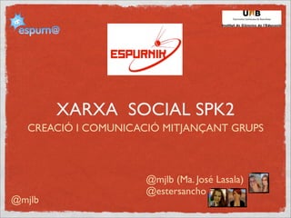 XARXA SOCIAL SPK2
CREACIÓ I COMUNICACIÓ MITJANÇANT GRUPS

@mjlb

@mjlb (Ma. José Lasala)
@estersancho

 