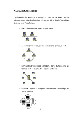 4. Arquitectura de xarxes
L’arquitectura fa referència a l’estructura física de la xarxa, un cop
interconnectats tots els dispositius. En xarxes d’àrea local s’han utilitzat
diversos tipus d’arquitectura.
 Bus: Els ordinadors surten d’un punt central

 Anell: Els ordinadors que componen la xarxa formen un anell

 Estrella: Els ordinadors es connecten a través d’un dispositiu que
forma el nucli de la xarxa. Són les més utilitzades.

 Cel·lular: La xarxa es compon d’àrees circulars. Per exemple, les
xarxes sense fil.

8

 