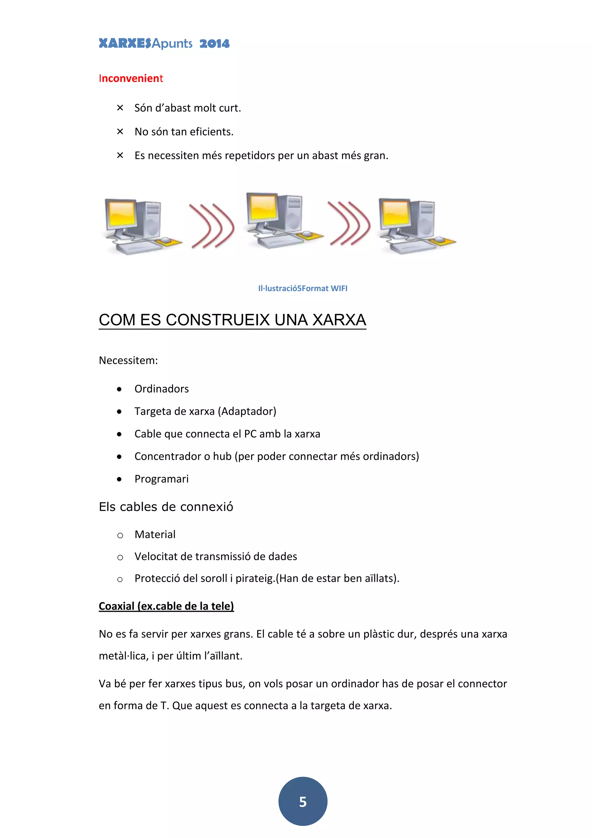 XARXESApunts 2014
5
Inconvenient
× Són d’abast molt curt.
× No són tan eficients.
× Es necessiten més repetidors per un abast més gran.
Il·lustració5Format WIFI
COM ES CONSTRUEIX UNA XARXA
Necessitem:
Ordinadors
Targeta de xarxa (Adaptador)
Cable que connecta el PC amb la xarxa
Concentrador o hub (per poder connectar més ordinadors)
Programari
Els cables de connexió
o Material
o Velocitat de transmissió de dades
o Protecció del soroll i pirateig.(Han de estar ben aïllats).
Coaxial (ex.cable de la tele)
No es fa servir per xarxes grans. El cable té a sobre un plàstic dur, després una xarxa
metàl·lica, i per últim l’aïllant.
Va bé per fer xarxes tipus bus, on vols posar un ordinador has de posar el connector
en forma de T. Que aquest es connecta a la targeta de xarxa.
 