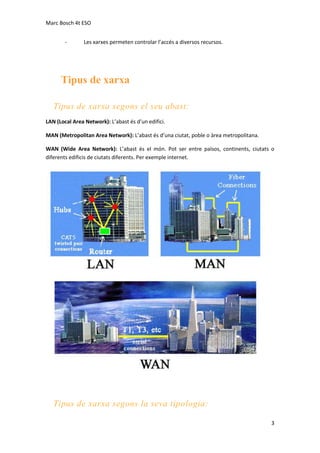 Marc Bosch 4t ESO
-

Les xarxes permeten controlar l’accés a diversos recursos.

Tipus de xarxa
Tipus de xarxa segons el seu abast:
LAN (Local Area Network): L’abast és d’un edifici.
MAN (Metropolitan Area Network): L’abast és d’una ciutat, poble o àrea metropolitana.
WAN (Wide Area Network): L’abast és el món. Pot ser entre països, continents, ciutats o
diferents edificis de ciutats diferents. Per exemple internet.

Tipus de xarxa segons la seva tipologia:
3

 