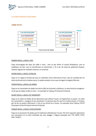 Apunts d’informàtica- TEMA 2 XARXES

Curs 2013- 2014 Marina Perich

3.4 CONFIGURACIÓ D’UNA XARXA

TORRE TCP-IP:
ENVIA

5.N.APLICACIONS

5.N.APLICACIONS

4.N.TRANSPORT

4.N.TRANSPORT

3.N.DE XARXA

3.N.DE XARXA

2.N.D’ENLLAÇ

2.N.D’ENLLAÇ

1.N.FÍSIC

1.N.FÍSIC
Transmissió de dades

REB

PRIMER NIVELL o NIVELL FÍSIC:
Capa encarregada del tipus de cable o ones, com va per dintre el senyal (freqüència, com es
codifiquen els bits, com es transformen en electricitat...). És a dir, de totes les qüestions físiques.
Tothom segueix les mateixes mesures, es universal.
SEGON NIVELL o NIVELL D’ENLLAÇ:
Capa on es regula el procés pel que un ordinador envia informació al bus i pot ser escoltat per els
altres terminals de la mateixa xarxa. Es poden produir errors que corregeix la targeta Ethernet.
TERCER NIVELL o NIVELL DE XARXA:
Capa on es transmeten les dades fora de la LAN, les transmet a distància. La seva funció es assegurarse de que les dades troben el camí. Un exemple és l’adreça IP (Internet Protocol).
QUART NIVELL o NIVELL DE TRANSPORT:
Capa on es reben les dades de les aplicacions que utilitza l’usuari, es fragmenten, es posen en ordre
(va numerada) i s’ assegura el seu enviament. La persona que ho rep fa el mateix procés a l’inrevés,
per tal de no perdre informació i si fos el cas tornar-ho a enviar. Un exemple seria l’adreça TCP-IP
(Transport Control Protocol Internet Protocol)
CINQUÈ NIVELL o NIVELL D’APLICACIONS:
Capa on es processen les dades que fa l’aplicació utilitzada per l’usuari. Per tenir aquestes aplicacions
ens connectem en un altre ordinador (ex: jocs, blogger...) Alguns exemples són: FTP, SMTP, HTTP,
POP, TELNET...

7

 
