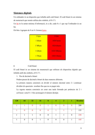 Sistemes digitals
Un ordinador és un dispositiu que treballa amb codi binari. El codi binari és un sistema
de numeració que només utilitza dos símbols, el 0 i l’1.
Un bit és la unitat mínima d’informació, és a dir, cada 0 o 1 que rep l’ordinador és un
bit.
Els bits s’agrupen de 8 en 8 i formen bytes.
• Codi binari
El codi binari és un sistema de enumeració que utilitzen els dispositius digitals que
treballa amb dos símbols, el 0 i l’1.
1. Pas de decimal a binari
Podem passar de decimal a binari de dues maneres diferents.
La primera manera consisteix en dividir el número decimal entre 2 i continuar
dividint els quocients resultats fins que no es pugui més.
La segona manera consisteix en crear una taula formada per potències de 2 i
col·locar s sota 0 i 1 fins aconseguir el número desitjat.
1 byte 8 bits
1 kbyte 1024 bytes
1 Mbyte 1024 kbytes
1 Gbyte 1024 Mbytes
1 Tbyte 1024 Gbytes
128 64 32 16 8 4 2 1 Resultat
1 1 0 0 1 0 0 0 200
1 0 0 0 0 1 1 1 135
1 1 1 0 0 1 1 0 230
1 0 0 1 0 0 0 1 145
9
 