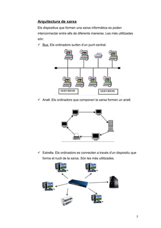 Arquitectura de xarxa
Els dispositius que formen una xarxa informàtica es poden
interconnectar entre ells de diferents maneres. Les més utilitzades
són:
 Bus. Els ordinadors surten d’un punt central.
 Anell. Els ordinadors que componen la xarxa formen un anell.
 Estrella. Els ordinadors es connecten a través d’un dispositiu que
forma el nucli de la xarxa. Són les més utilitzades.
5
 