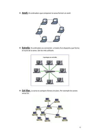  Anell. Els ordinadors que componen la xarxa formen un anell.
 Estrella. Els ordinadors es connecten a través d’un dispositiu que forma
el nucle de la xarxa. Són les més utilitzats.
 Cel-lilar. La xarxa es compon d’àrees circulars. Per exemple les xarxes
sense ful.
6
 