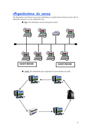Arquitectura de xarxa
Els dispositius que formen una xarxa informàtica es poden interconnectar entre ells de
diferents maneres. Les mes utilitzades són:
♣ Bus : Els ordinadors surten d’un punt centrat
♣ Anell : Els ordinadors que componen la xarxa formen un anell
6
 