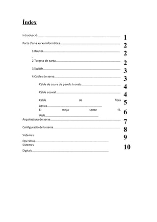 Índex
Introducció........................................................................................................
1
Parts d’una xarxa informàtica...........................................................................
2
1.Router................................................................................................
.
2
2.Targeta de xarxa.................................................................................
2
3.Switch.................................................................................................
3
4.Cables de xarxa...................................................................................
3
Cable de coure de parells trenats.................................................
4
Cable coaxial.................................................................................
4
Cable de fibra
òptica.....................................................................
5
El mitja sense fil.
WIFI...................................................................
6
Arquitectura de xarxa........................................................................................
7
Configuració de la xarxa....................................................................................
8
Sistemes
Operatius............................................................................................
9
Sistemes
Digitals................................................................................................
10
 