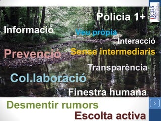 JoanBrull–Abril/Maig2015
5
Veu pròpia
Prevenció
Col.laboració
Finestra humana
Desmentir rumors
Informació
Sense intermediaris
Interacció
Transparència
Escolta activa
Policia 1+
 