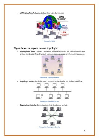 -

WAN (WideArea Network): L’abast és el món. Ex: Internet.

Fotografia3:WAN

Tipus de xarxa segons la seva topologia:
-

Topologia en Anell: Obsolet. Els token d’informació passava per cada ordinador fins
arribar al ordinador final. Si un dels ordinadors estava apagat la informació no passava.

Fotografia4: Topologia en Anell

-

Topologia en Bus: Es fàcil treure i posar-hi un ordinador. És fàcil de modificar.

Fotografia5: Topologia en Bus

-

Topologia en Estrella: Connectes tots els ordinadors en un hub.

Fotografia6: Topologia en Estrella

4

 