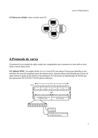 xarxes d'imformàtica


3.4 Xarxa en cel·lular: àrees circular sense fil.




4.Protocols de xarxa
Un protocol és un conjunt de regles usades per computadores per comunicar-se unes amb un unes
altres a través d'una xarxa.

4.1 Adreça MAC: (en anglès Media Access Control) És una adreça Unicast que identifica a una
interfície de xarxa de maquinari quasi de manera única. Aquesta adreça està formada per 6 bytes els
quals formen 6 grups de dos lletres en hexadecimal. Per tant tenim un identificador de 48 bits que
pot representar 281.474.976.710.656 adreces diferents.




                                                                                                  7
 