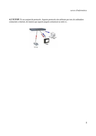 xarxes d'imformàtica



4.2 TCP/IP: És un conjunt de protocols .Aquests protocols són utilitzats per tots els ordinadors
connectats a internet, de manera que aquests puguin comunicar-se entre si..




                                                                                                   8
 