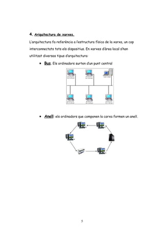 4. Ariquitectura de xarxes.
L’arquitectura fa referència a l’estructura física de la xarxa, un cop
interconnectats tots els dispositius. En xarxes d’àrea local s’han
utilitzat diversos tipus d’arquitectura:

• Bus. Els ordinadors surten d’un punt central

• Anell: els ordinadors que componen la carxa formen un anell.

5

 