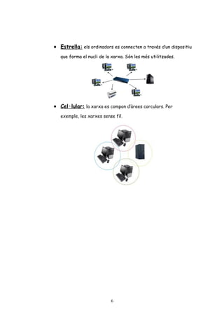 • Estrella: els ordinadors es connecten a través d’un dispositiu
que forma el nucli de la xarxa. Són les més utilitzades.

• Cel·lular: la xarxa es compon d’àrees corculars. Per
exemple, les xarxes sense fil.

6

 