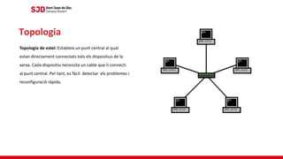 Topologia de estel: Estableix un punt central al qual
estan directament connectats tots els dispositius de la
xarxa. Cada dispositiu necessita un cable que li connecti
al punt central. Per tant, es fàcil detectar els problemes i
reconfiguració ràpida.
Topologia
 