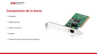 • Ordinadors.
• Targetes de xarxa.
• Cables de connexió.
• Perifèrics.
• Software de Xarxa instal·lat al Sistema operatiu.
Components de la Xarxa
 
