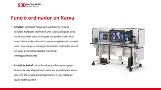 • Servidor: ordinador/s que van a compartir els seus
recursos hardware i software amb la resta d’equips de la
xarxa. Les seves característiques son potència de càlcul,
importància en la informació que emmagatzema i connexió
amb recursos que es desitgen compartir. (ordinador potent
en quan a microprocessador, memòria i
emmagatzemament)
• Estació de treball: els ordinadors que fan aquest paper
tenen a la seva disposició els recursos que ofereix la xarxa
així com els serveis que proporcionen els servidors als
quals poden accedir.
Funció ordinador en Xarxa
 