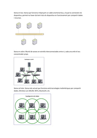 Xarxa en bus: Xarxa que funciona mitjançant un cable anomenat bus, al qual es connecten els
dispositius; permet no haver de tenir tots els dispositius en funcionament per compartir dades
i recursos.

Xarxa en arbre: Munió de xarxes en estrella interconnectades entre si, cada una amb el seu
concentrador propi.

Xarxa cel·lular: Xarxa més actual que funciona amb tecnologies inalàmbriques per compartir
dades; Wireless Lan (WLAN, WiFi), Bluetooth, etc.

 