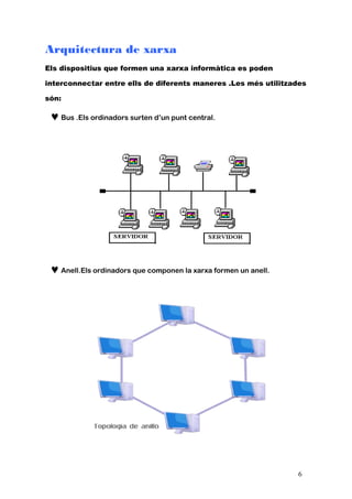 Arquitectura de xarxa
Els dispositius que formen una xarxa informàtica es poden
interconnectar entre ells de diferents maneres .Les més utilitzades
són:
♥Bus .Els ordinadors surten d’un punt central.
♥Anell.Els ordinadors que componen la xarxa formen un anell.
6
 