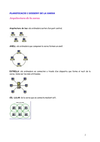 PLANIFICACIO I DISSENY DE LA XARXA

Arquitectura de la xarxa



Arquitectura de bus: els ordinadors surten d’un punt central.




ANELL: els ordinadors que componen la xarxa formen un anell.




ESTRELLA: els ordinadors es connecten a través d’un dispositiu que forma el nucli de la
xarxa. Soles ser les més utilitzades.




CEL·LULAR: és la xarxa que es connecta mediant wifi.




                                                                                2
 