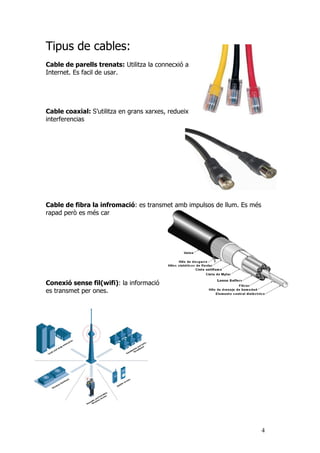 Tipus de cables:
Cable de parells trenats: Utilitza la connecxió a
Internet. Es facil de usar.




Cable coaxial: S’utilitza en grans xarxes, redueix
interferencias




Cable de fibra la infromació: es transmet amb impulsos de llum. Es més
rapad però es més car




Conexió sense fil(wifi): la informació
es transmet per ones.




                                                                         4
 