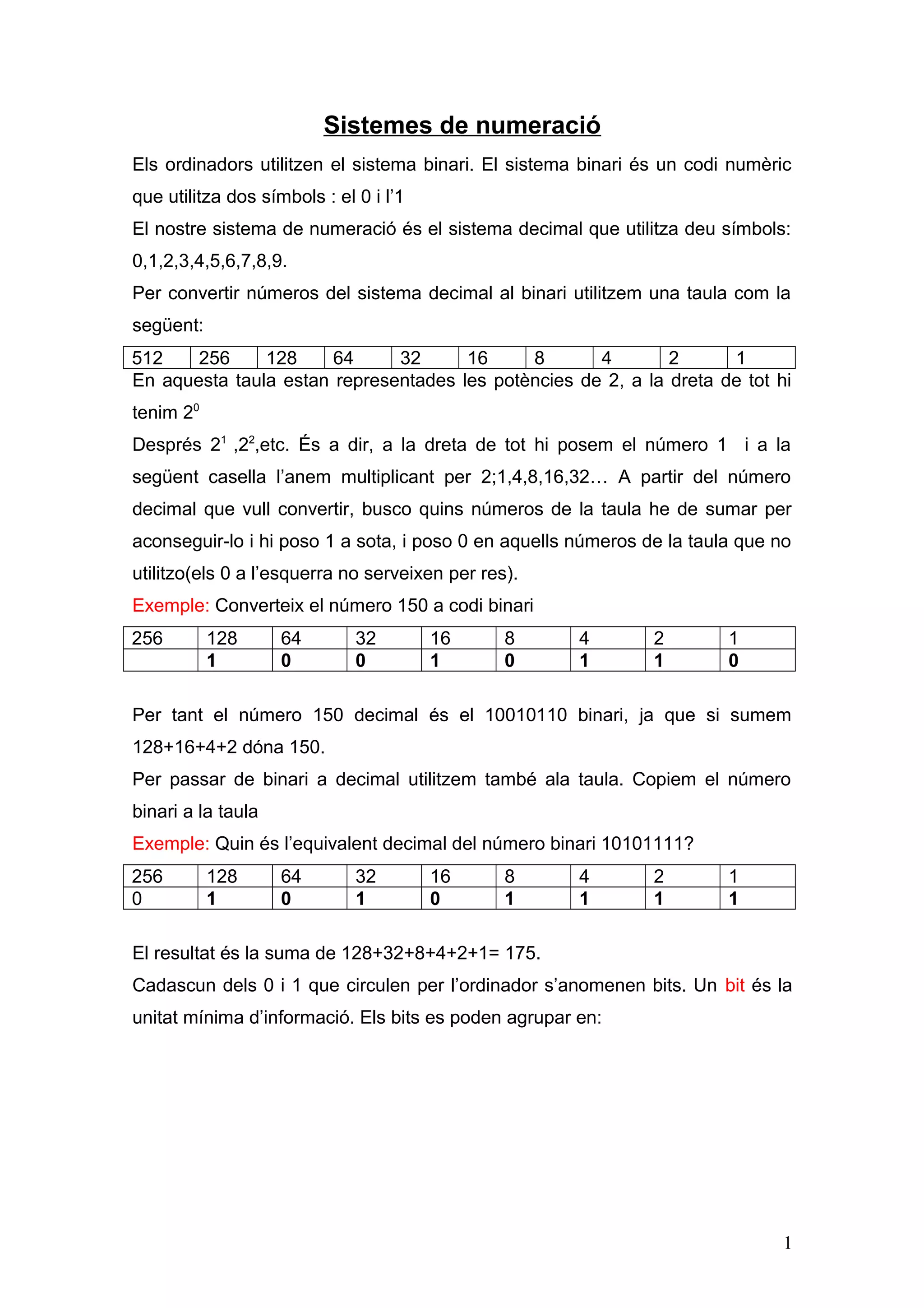 Sistemes de numeració
Els ordinadors utilitzen el sistema binari. El sistema binari és un codi numèric
que utilitza dos símbols : el 0 i l’1
El nostre sistema de numeració és el sistema decimal que utilitza deu símbols:
0,1,2,3,4,5,6,7,8,9.
Per convertir números del sistema decimal al binari utilitzem una taula com la
següent:
512
256
128
64
32
16
8
4
2
1
En aquesta taula estan representades les potències de 2, a la dreta de tot hi
tenim 20
Després 21 ,22,etc. És a dir, a la dreta de tot hi posem el número 1 i a la
següent casella l’anem multiplicant per 2;1,4,8,16,32… A partir del número
decimal que vull convertir, busco quins números de la taula he de sumar per
aconseguir-lo i hi poso 1 a sota, i poso 0 en aquells números de la taula que no
utilitzo(els 0 a l’esquerra no serveixen per res).
Exemple: Converteix el número 150 a codi binari
256

128
1

64
0

32
0

16
1

8
0

4
1

2
1

1
0

Per tant el número 150 decimal és el 10010110 binari, ja que si sumem
128+16+4+2 dóna 150.
Per passar de binari a decimal utilitzem també ala taula. Copiem el número
binari a la taula
Exemple: Quin és l’equivalent decimal del número binari 10101111?
256
0

128
1

64
0

32
1

16
0

8
1

4
1

2
1

1
1

El resultat és la suma de 128+32+8+4+2+1= 175.
Cadascun dels 0 i 1 que circulen per l’ordinador s’anomenen bits. Un bit és la
unitat mínima d’informació. Els bits es poden agrupar en:

1

 