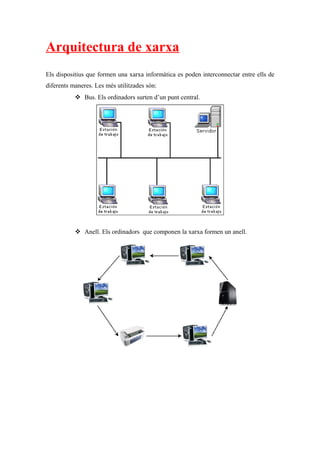 Arquitectura de xarxa
Els dispositius que formen una xarxa informàtica es poden interconnectar entre ells de
diferents maneres. Les més utilitzades són:
 Bus. Els ordinadors surten d’un punt central.
 Anell. Els ordinadors que componen la xarxa formen un anell.
 