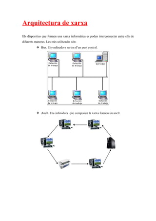 Arquitectura de xarxa
Els dispositius que formen una xarxa informàtica es poden interconnectar entre ells de
diferents maneres. Les més utilitzades són:
 Bus. Els ordinadors surten d’un punt central.
 Anell. Els ordinadors que componen la xarxa formen un anell.
 
