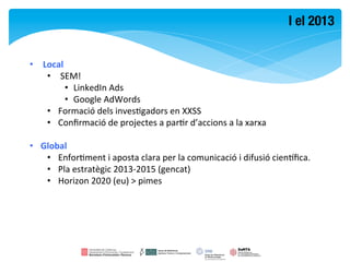 I el 2013


•  Local	
  
    •  SEM!	
  
          •  LinkedIn	
  Ads	
  
          •  Google	
  AdWords	
  
    •  Formació	
  dels	
  invesFgadors	
  en	
  XXSS	
  
    •  Conﬁrmació	
  de	
  projectes	
  a	
  parFr	
  d’accions	
  a	
  la	
  xarxa	
  

•  Global	
  
    •  EnforFment	
  i	
  aposta	
  clara	
  per	
  la	
  comunicació	
  i	
  difusió	
  cienrﬁca.	
  
    •  Pla	
  estratègic	
  2013-­‐2015	
  (gencat)	
  
    •  Horizon	
  2020	
  (eu)	
  >	
  pimes	
  
 